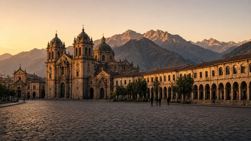 Plaza de Armas de Cusco ao entardecer, com igrejas coloniais
