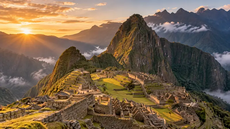 Machu Picchu ao nascer do sol, com a montanha Huayna Picchu ao fundo
